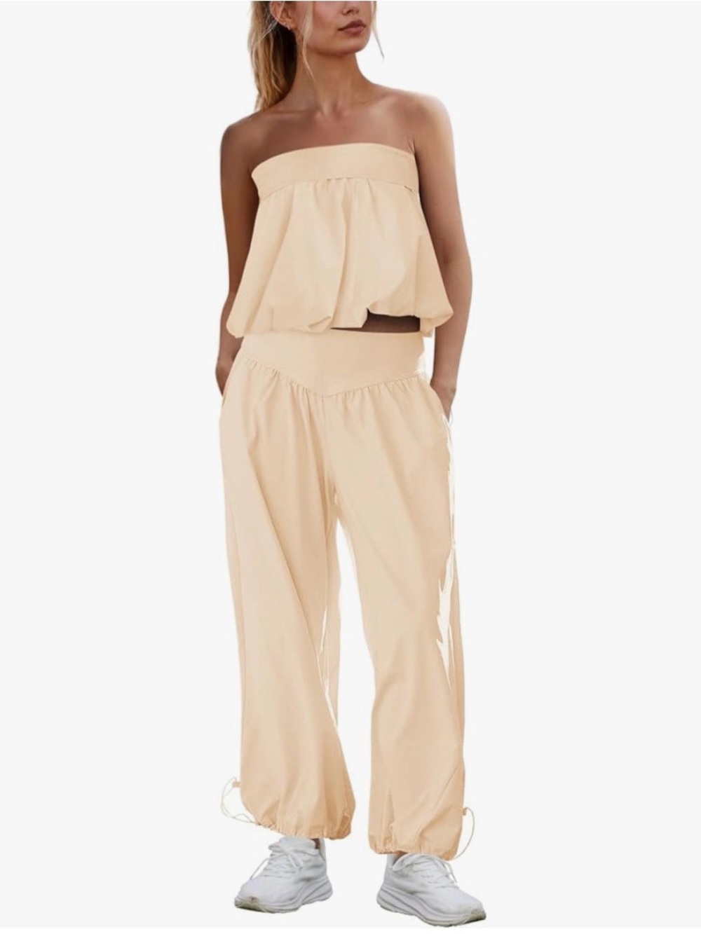 Women’s Cream Strapless Track Jumpsuit